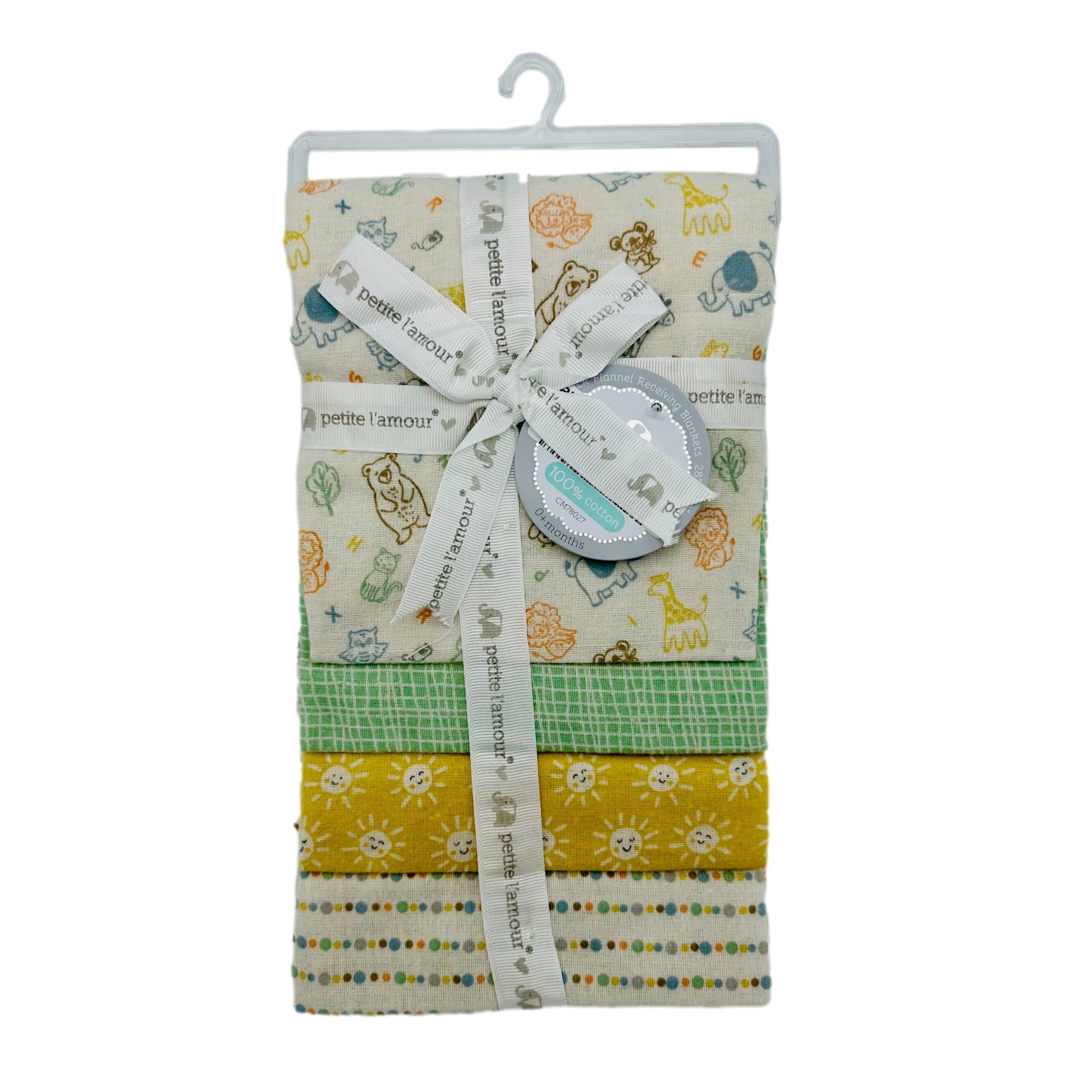 A set of five flannel receiving blankets on a white hanger, tied with a branded ribbon and tag.